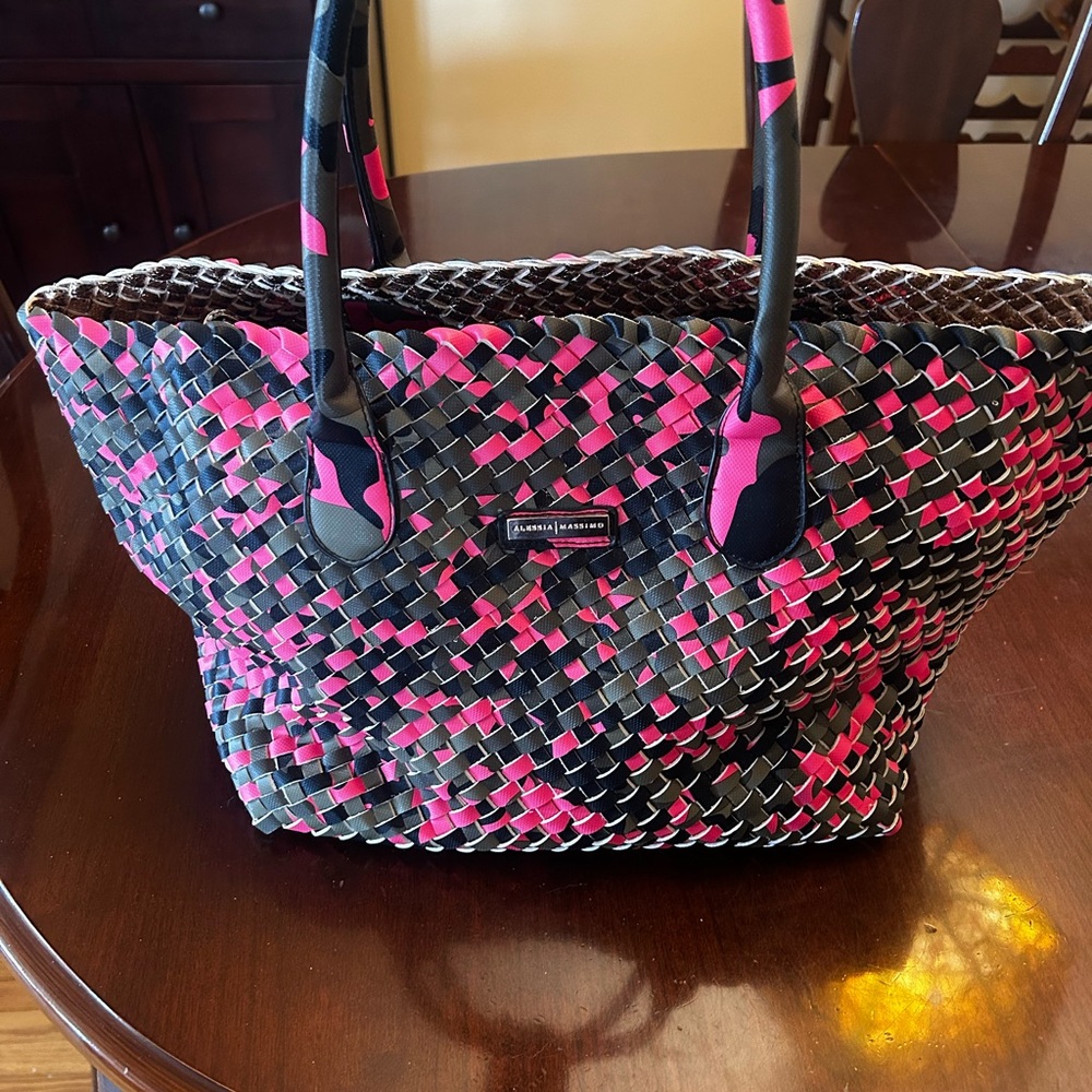 Black and Pink Woven Tote Bag with matching insert